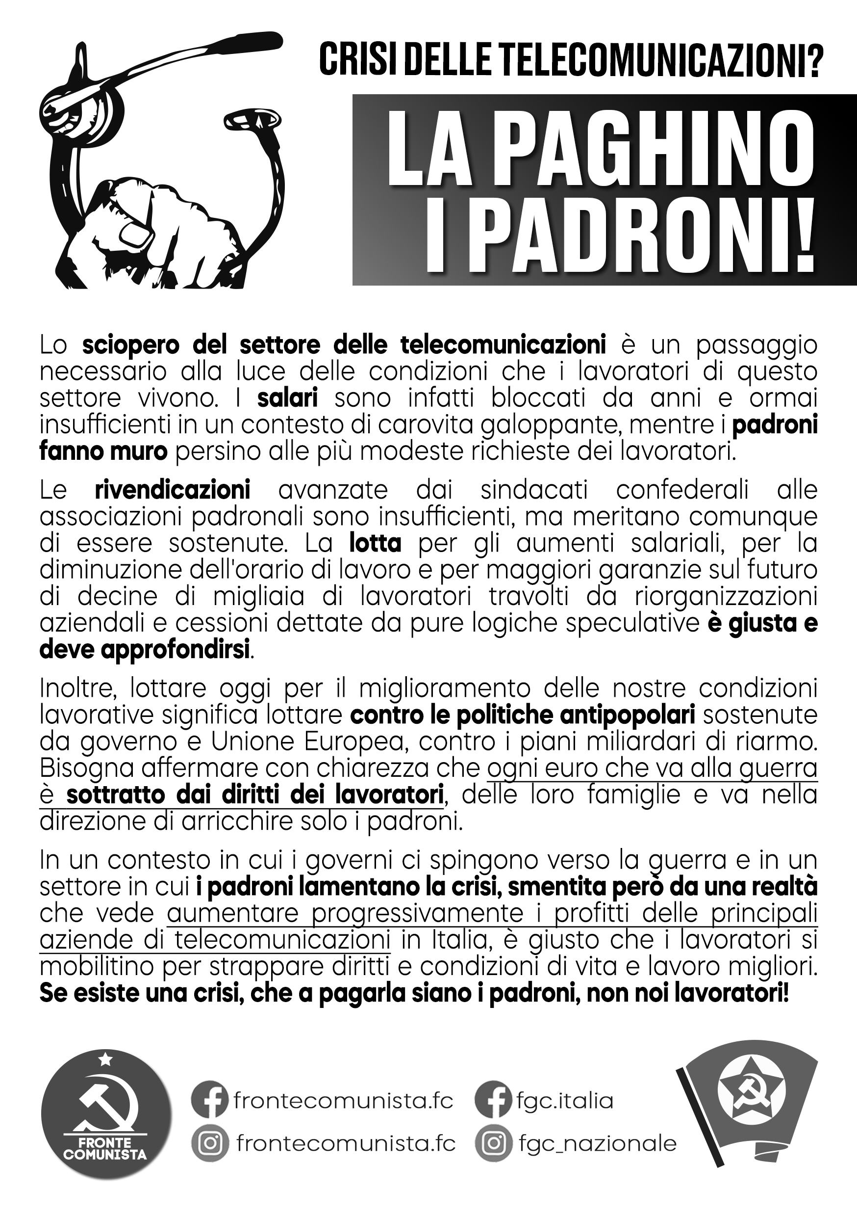 Crisi delle telecomunicazioni? La paghino i padroni!
